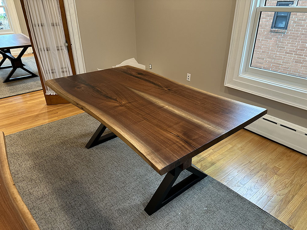 Custom Handcrafted Black Walnut Live Edge Dining Table with X-Beam Steel Base and Walnut Beam - 067
