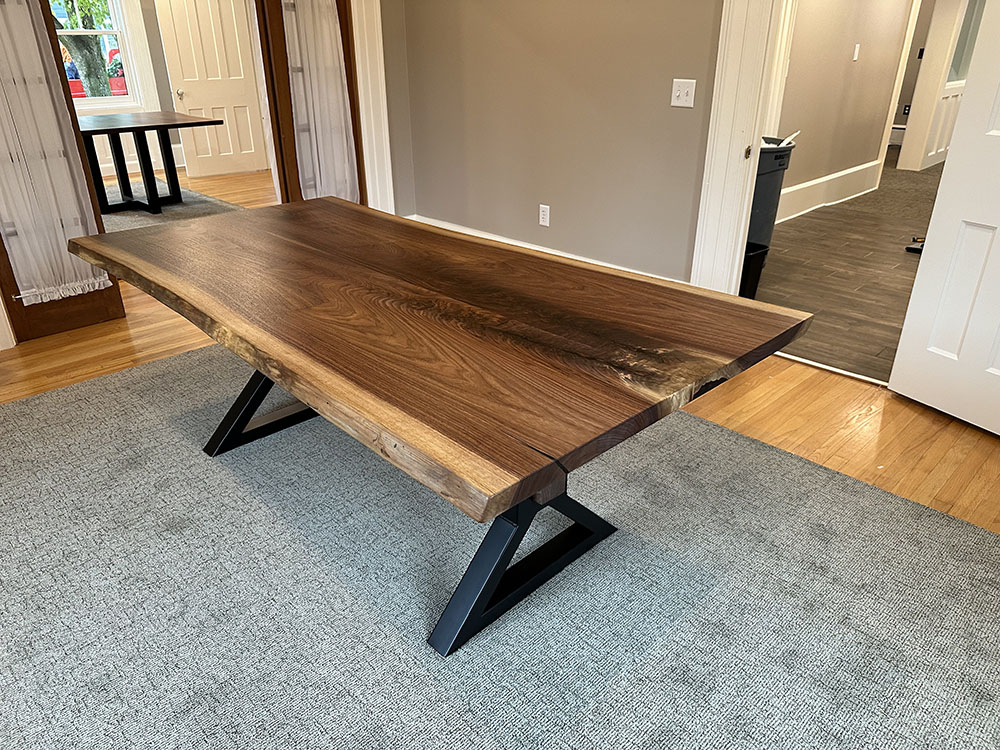 Custom Handcrafted Black Walnut Wood Live Edge Dining Table with X-Beam Steel Base - 053