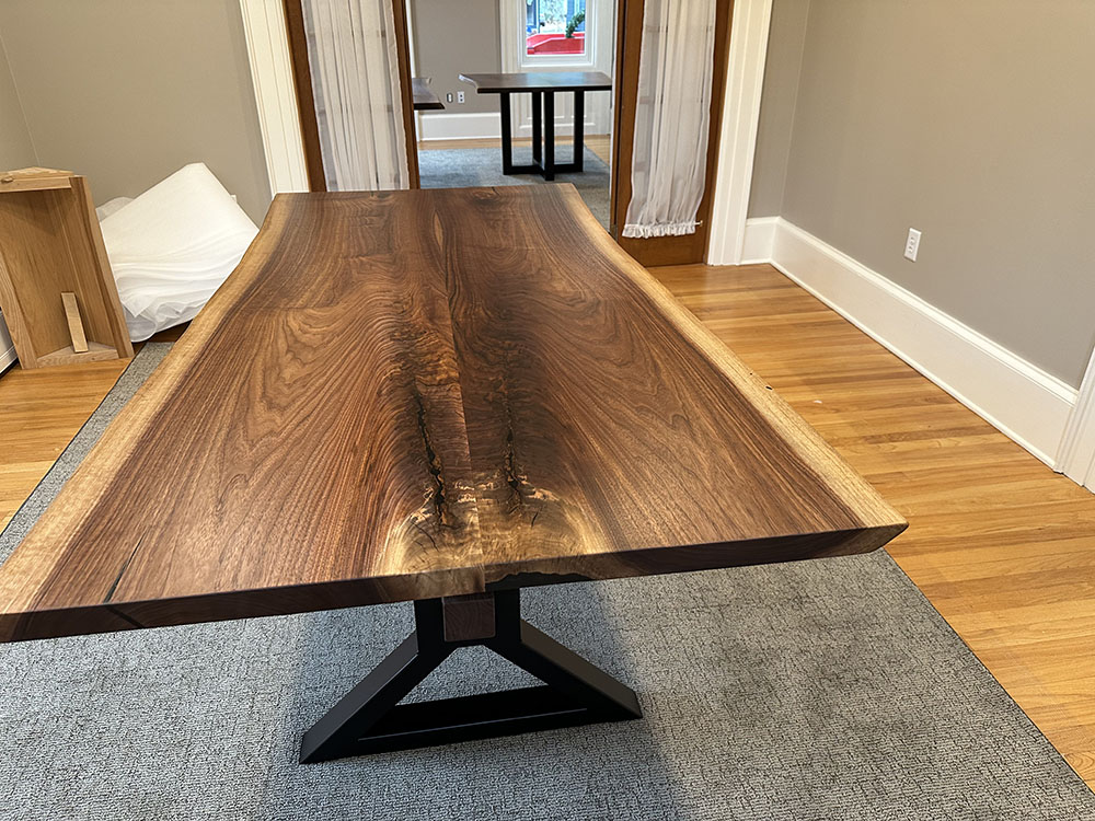 Custom Handcrafted Black Walnut Wood Live Edge Dining Table with X-Beam Steel Base - 053