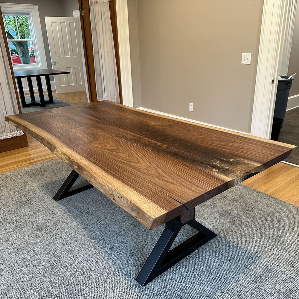 Custom Handcrafted Black Walnut Wood Live Edge Dining Table with X-Beam Steel Base - 053