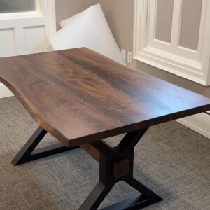 Custom Handcrafted Figured Black Walnut Live Edge Dining Table with X-Beam Steel Base with Walnut Beam - 056