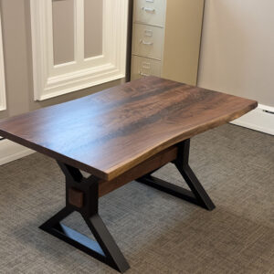 Custom Handcrafted Figured Black Walnut Live Edge Dining Table with X-Beam Steel Base with Walnut Beam - 056