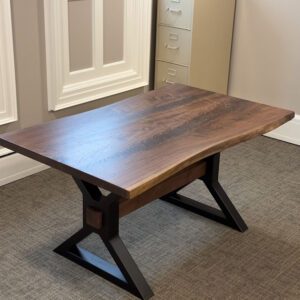 Custom Handcrafted Figured Black Walnut Live Edge Dining Table with X-Beam Steel Base with Walnut Beam - 056