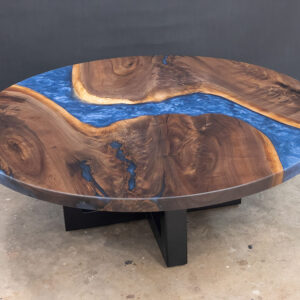 Custom Round Black Walnut Live Edge River Coffee Table with Steel X Base & Sapphire Blue Epoxy - 038