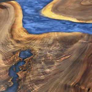 Custom Black Walnut Live Edge River Coffee Table with Steel X Base & Sapphire Blue Epoxy - 038 - Up Close Detail
