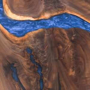 Custom Black Walnut Live Edge River Coffee Table with Steel X Base & Sapphire Blue Metallic Epoxy - 038