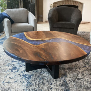 Custom Round Black Walnut Live Edge River Coffee Table with Steel X Base & Sapphire Blue Epoxy - 038