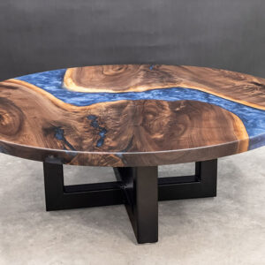 Custom Round Black Walnut Live Edge River Coffee Table with Steel X Base & Sapphire Blue Epoxy - 038