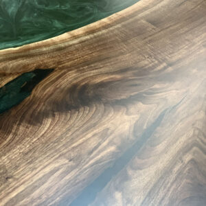 Custom live edge Black Walnut River Dining Table with Dentro Steel Base and mossy green metallic epoxy - 021 - Up close grain