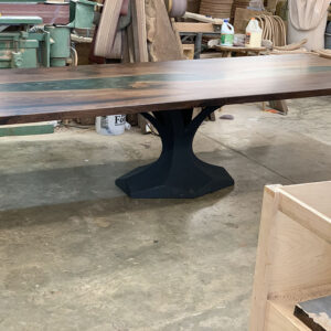 Custom designed live edge Black Walnut River Dining Table with Dentro Steel Base and mossy green metallic epoxy - 021