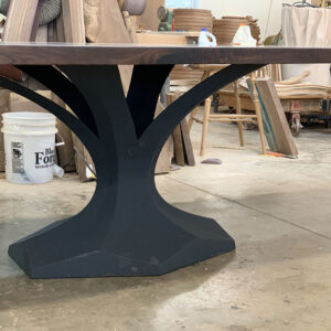 Custom live edge Black Walnut River Dining Table with Dentro Steel Base and mossy green metallic epoxy - 021