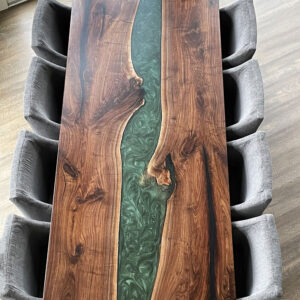 Custom live edge Black Walnut River Dining Table with Dentro Steel Base and mossy green metallic epoxy - 021