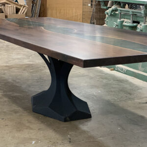 Beautiful Custom live edge Black Walnut River Dining Table with Dentro Steel Base and mossy green metallic epoxy - 021