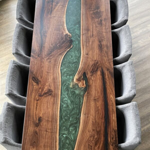 Custom live edge Black Walnut River Dining Table with Dentro Steel Base and mossy green metallic epoxy - 021