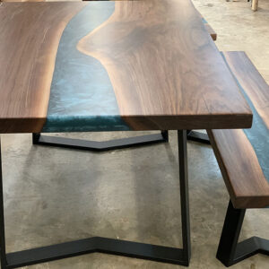 Custom Handcrafted Black Walnut Live Edge River Dining Table & Bench with U-Leg Steel Base & Jackson Green Metallic Epoxy - 046