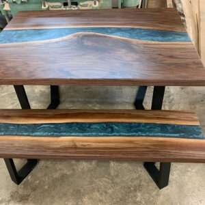 Custom Handcrafted Black Walnut Live Edge River Dining Table & Bench with U-Leg Steel Base & Jackson Green Metallic Epoxy - 046