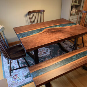 Custom Handcrafted Black Walnut Live Edge River Dining Table & Bench with U-Leg Steel Base & Jackson Green Metallic Epoxy - 046