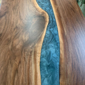 Custom Handcrafted Black Walnut Live Edge River Dining Table with U-Leg Steel Base & Jackson Green Metallic Epoxy - 046