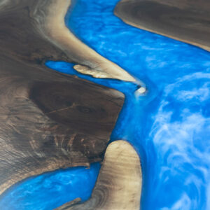 Custom Black Walnut Live Edge River Dining Table with Steel X Beam Base & Sapphire Blue Metallic Epoxy - 040 - Detail