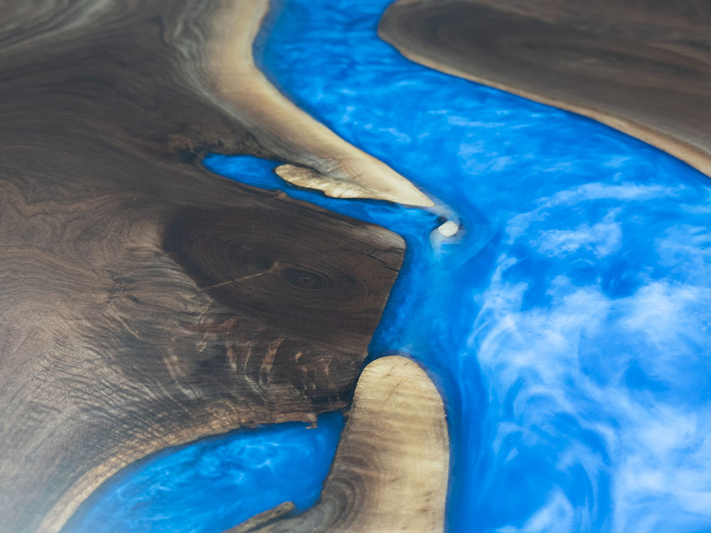 Custom Black Walnut Live Edge River Dining Table with Steel X Beam Base & Sapphire Blue Metallic Epoxy - 040 - Detail