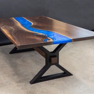 Custom Black Walnut Live Edge River Dining Table with Steel X Beam Base & Sapphire Blue Metallic Epoxy - 040