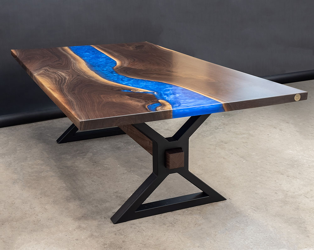 Custom Black Walnut Live Edge River Dining Table with Steel X Beam Base & Sapphire Blue Metallic Epoxy - 040