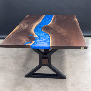 Custom Black Walnut Live Edge River Dining Table with Steel X Beam Base & Sapphire Blue Metallic Epoxy - 040