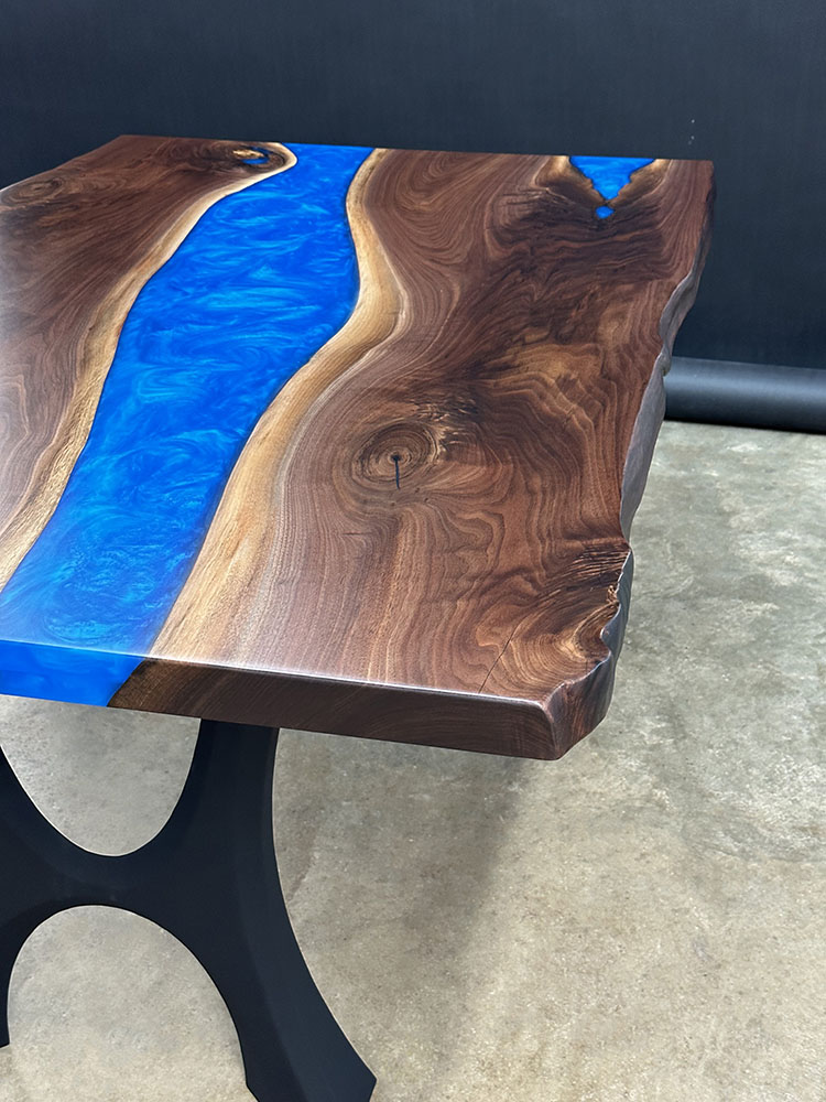 Custom Black Walnut Live Edge River Table with Haru Steel Base & Cobalt Blue Metallic Epoxy - 043 - Detail