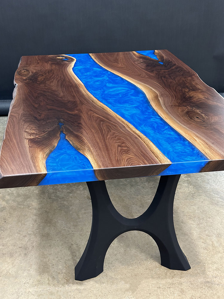 Custom Black Walnut Live Edge River Table with Haru Steel Base & Cobalt Blue Metallic Epoxy - 043 - Top