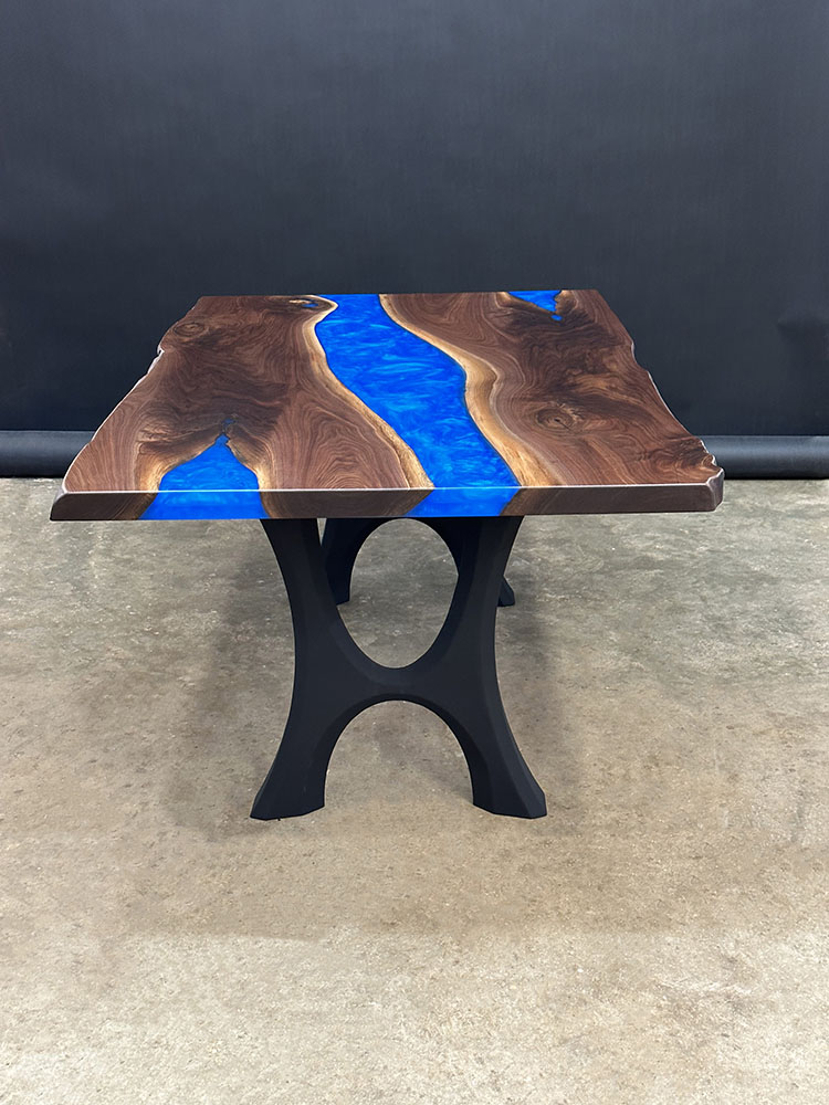 Custom Black Walnut Live Edge River Table with Haru Steel Base & Cobalt Blue Metallic Epoxy - 043