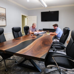Custom Handcrafted Black Walnut Live Edge Conference Table with X-Beam Steel Base with Walnut Beam & Solid Black Epoxy - 062
