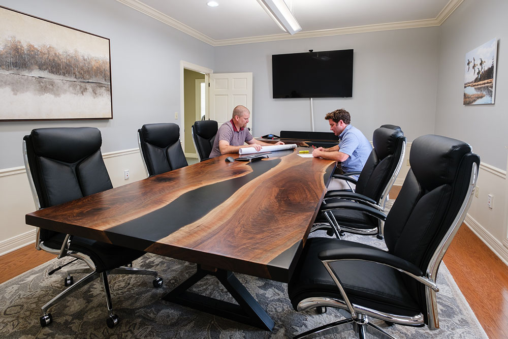 Custom Handcrafted Black Walnut Live Edge Conference Table with X-Beam Steel Base with Walnut Beam & Solid Black Epoxy - 062