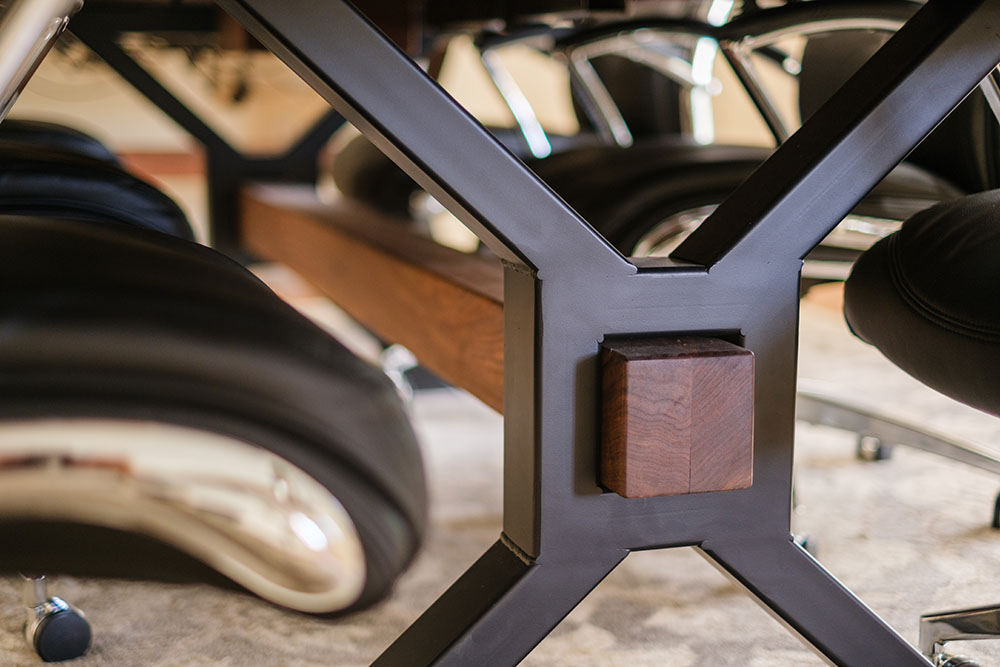 Custom Handcrafted Black Walnut Live Edge Conference Table with X-Beam Steel Base with Walnut Beam & Solid Black Epoxy - 062 - Under