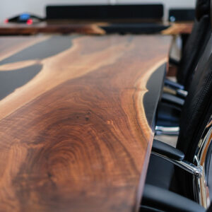 Custom Handcrafted Black Walnut Live Edge Conference Table with X-Beam Steel Base with Walnut Beam & Solid Black Epoxy - 062