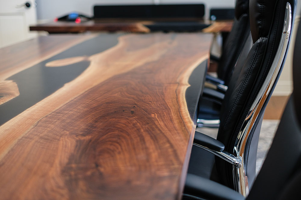 Custom Handcrafted Black Walnut Live Edge Conference Table with X-Beam Steel Base with Walnut Beam & Solid Black Epoxy - 062
