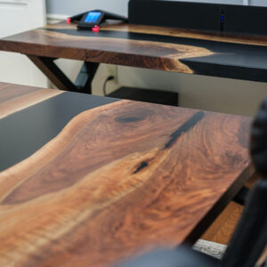 Custom Handcrafted Black Walnut Live Edge Conference Table with X-Beam Steel Base with Walnut Beam & Solid Black Epoxy - 062 - Up Close
