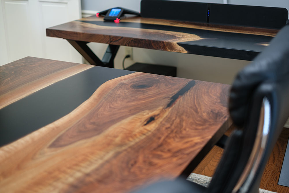 Custom Handcrafted Black Walnut Live Edge Conference Table with X-Beam Steel Base with Walnut Beam & Solid Black Epoxy - 062 - Up Close