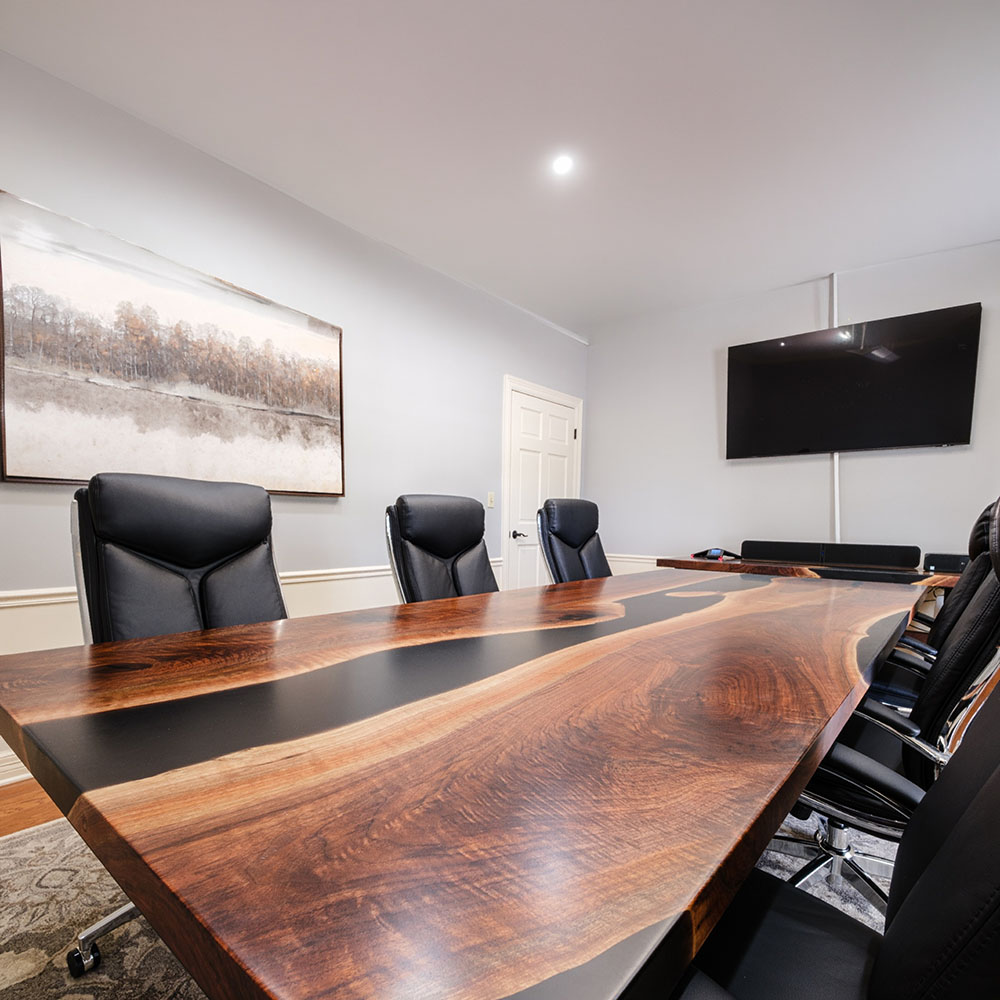 Custom Handcrafted Black Walnut Live Edge Conference Table with X-Beam Steel Base with Walnut Beam & Solid Black Epoxy - 062
