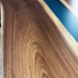 Custom live edge Black Walnut River Dining Table with U Table Leg Steel Base and glacier blue solid epoxy - 022 - Up close grain