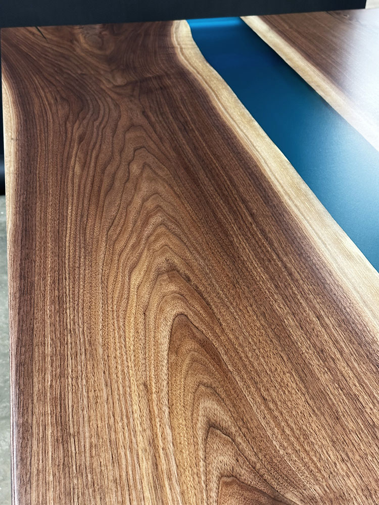 Custom live edge Black Walnut River Dining Table with U Table Leg Steel Base and glacier blue solid epoxy - 022 - Up close grain