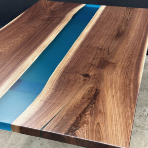 Custom live edge Black Walnut River Dining Table with U Table Leg Steel Base and glacier blue solid epoxy - 022 - Side view