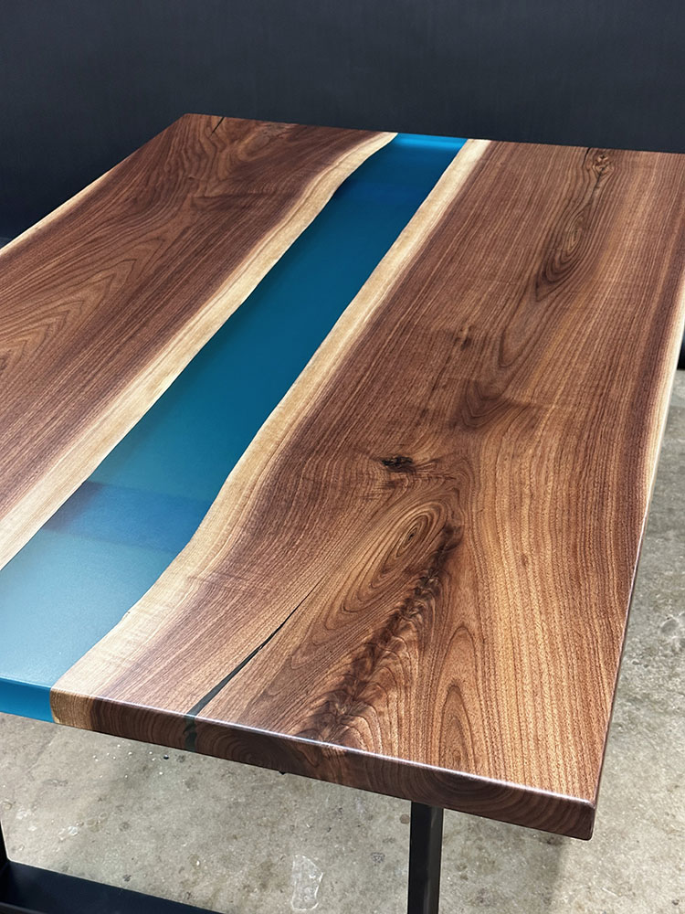 Custom live edge Black Walnut River Dining Table with U Table Leg Steel Base and glacier blue solid epoxy - 022 - Side view