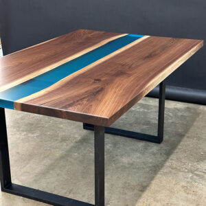 Custom live edge Black Walnut River Dining Table with U Table Leg Steel Base and glacier blue solid epoxy - 022