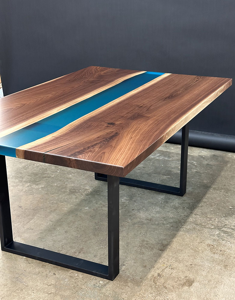 Custom live edge Black Walnut River Dining Table with U Table Leg Steel Base and glacier blue solid epoxy - 022
