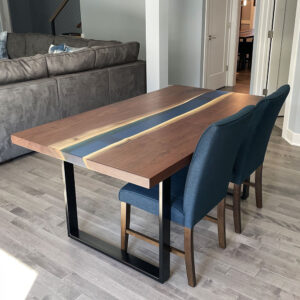 Custom live edge Black Walnut River Dining Table with U Table Leg Steel Base and glacier blue solid epoxy - 022