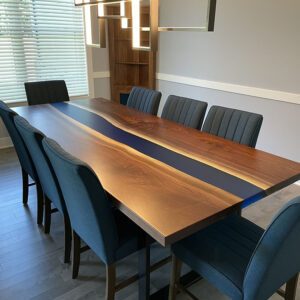 Custom live edge Black Walnut River Dining Table with U Table Leg Steel Base and glacier blue solid epoxy - 023 - Seats 8