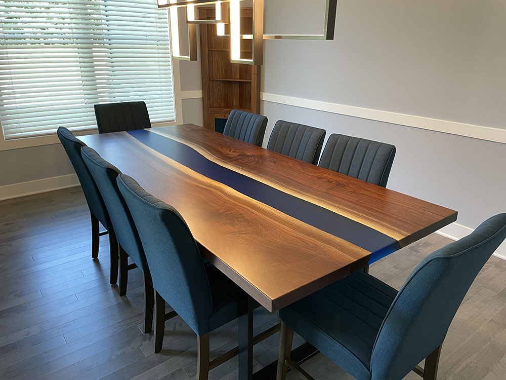 Custom live edge Black Walnut River Dining Table with U Table Leg Steel Base and glacier blue solid epoxy - 023 - Seats 8