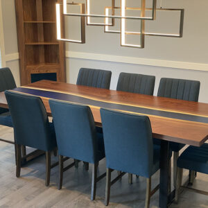 Custom live edge Black Walnut River Dining Table with U Table Leg Steel Base and glacier blue solid epoxy - 023 - Seats 8