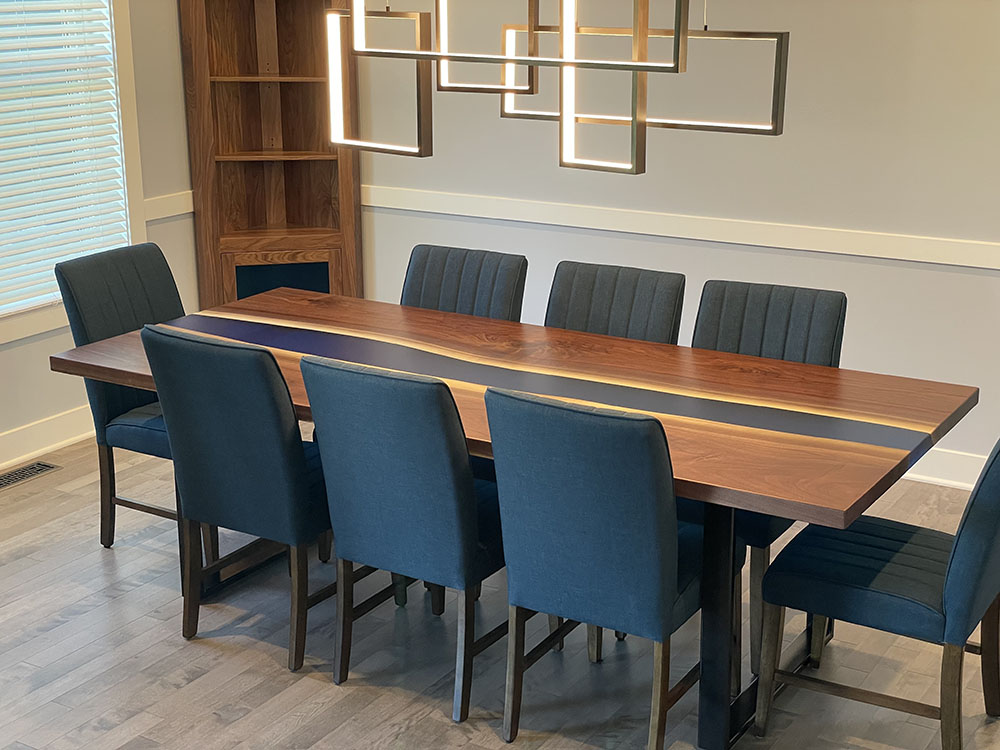 Custom live edge Black Walnut River Dining Table with U Table Leg Steel Base and glacier blue solid epoxy - 023 - Seats 8