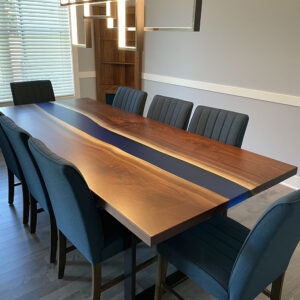 Custom live edge Black Walnut River Dining Table with U Table Leg Steel Base and glacier blue solid epoxy - 023 - Seats 8